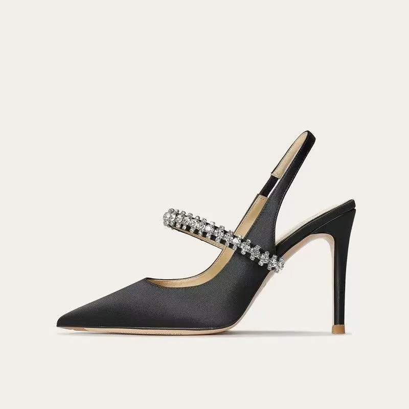 Satin Slingback Heels with Pointed Toe and Crystal Strap for Women