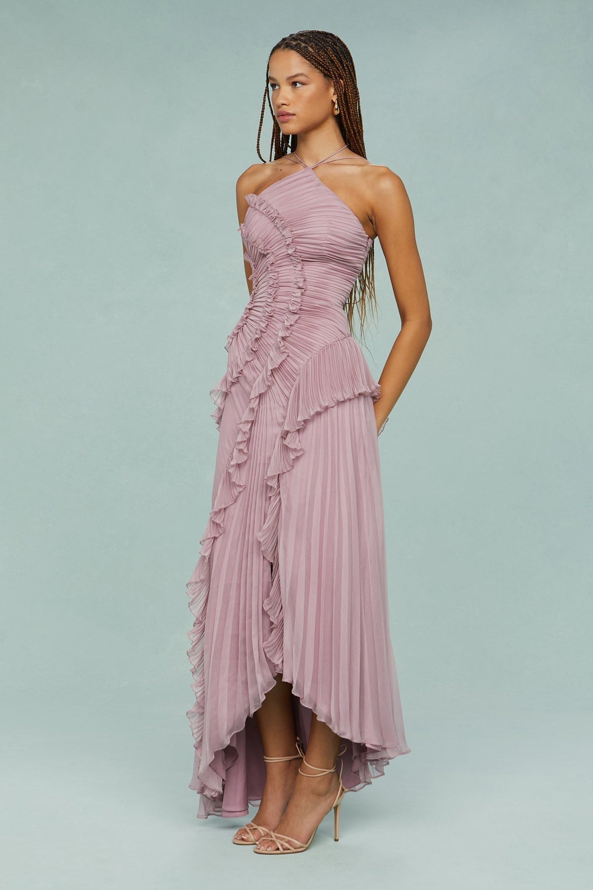 Halterneck Pleated Wedding Guest Maxi Dress for Women