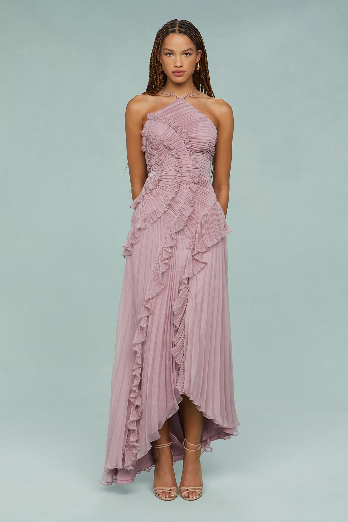Halterneck Pleated Wedding Guest Maxi Dress for Women
