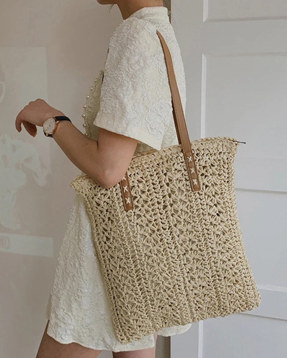 Rattan Shoulder Bag with Faux Leather Straps for Women