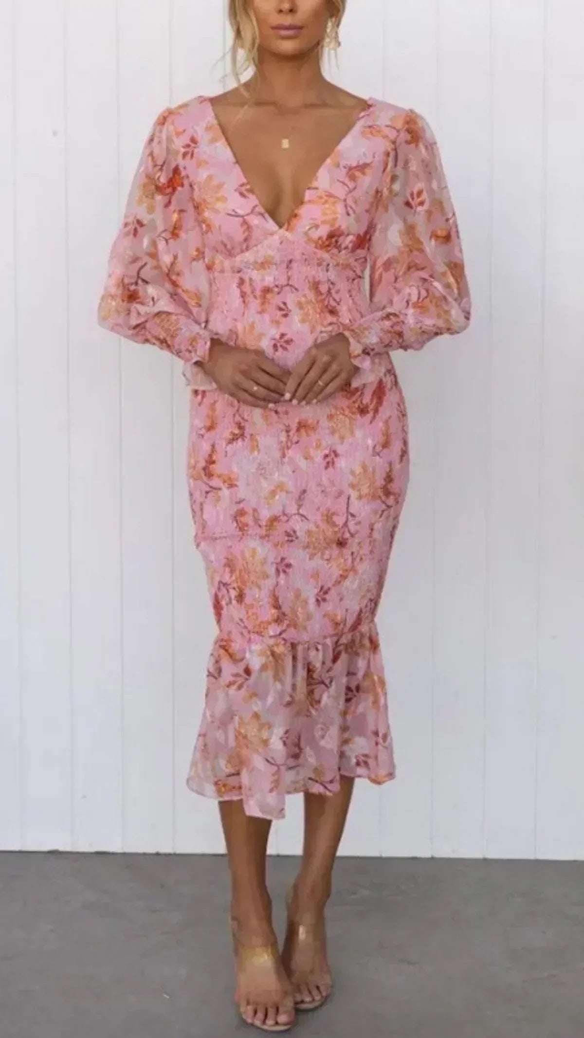 Floral V-Neck Puff Sleeve Midi Dress Wedding Guest for Women