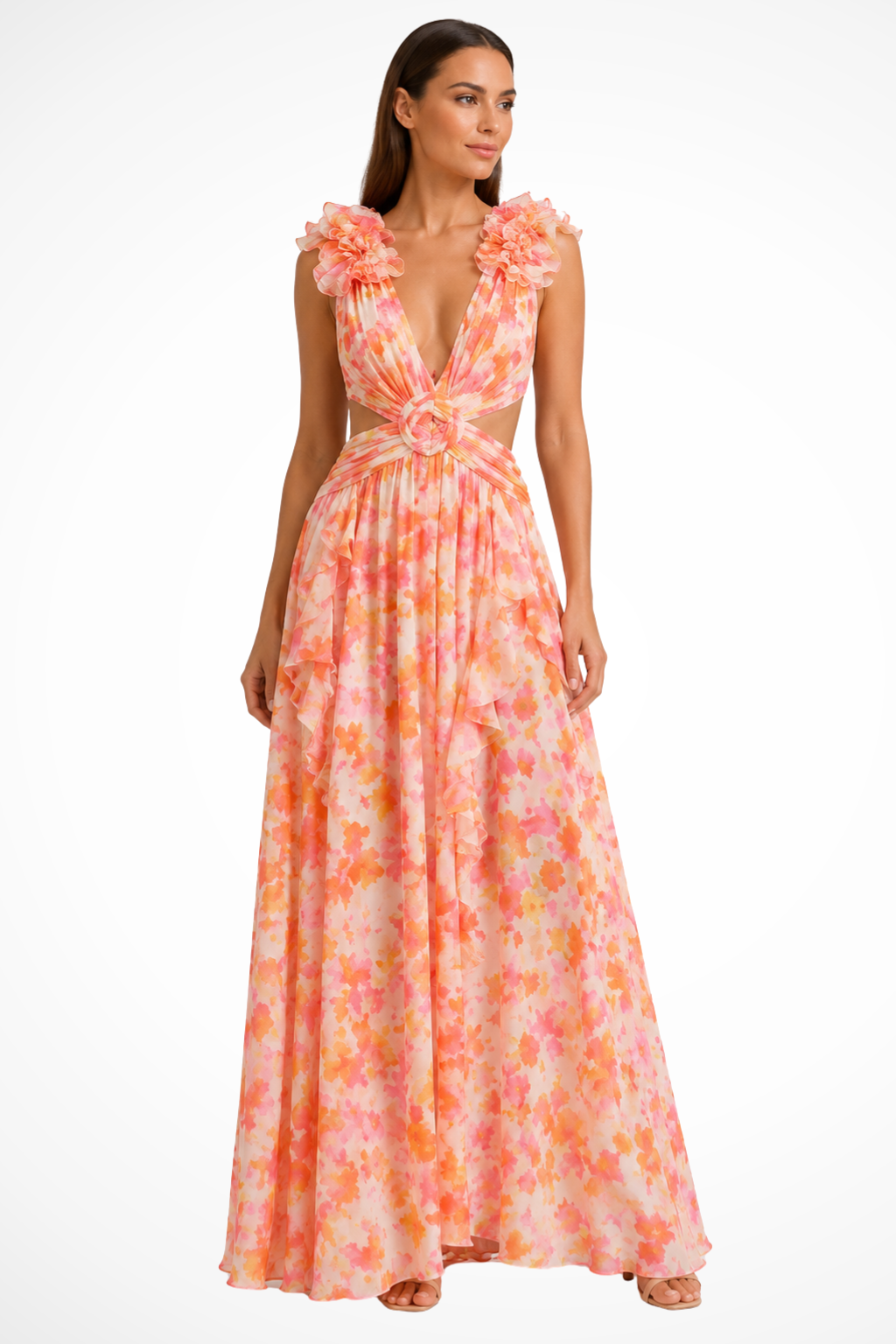 V-Neck Floral Ruffle Wedding Guest Maxi Dress for Women