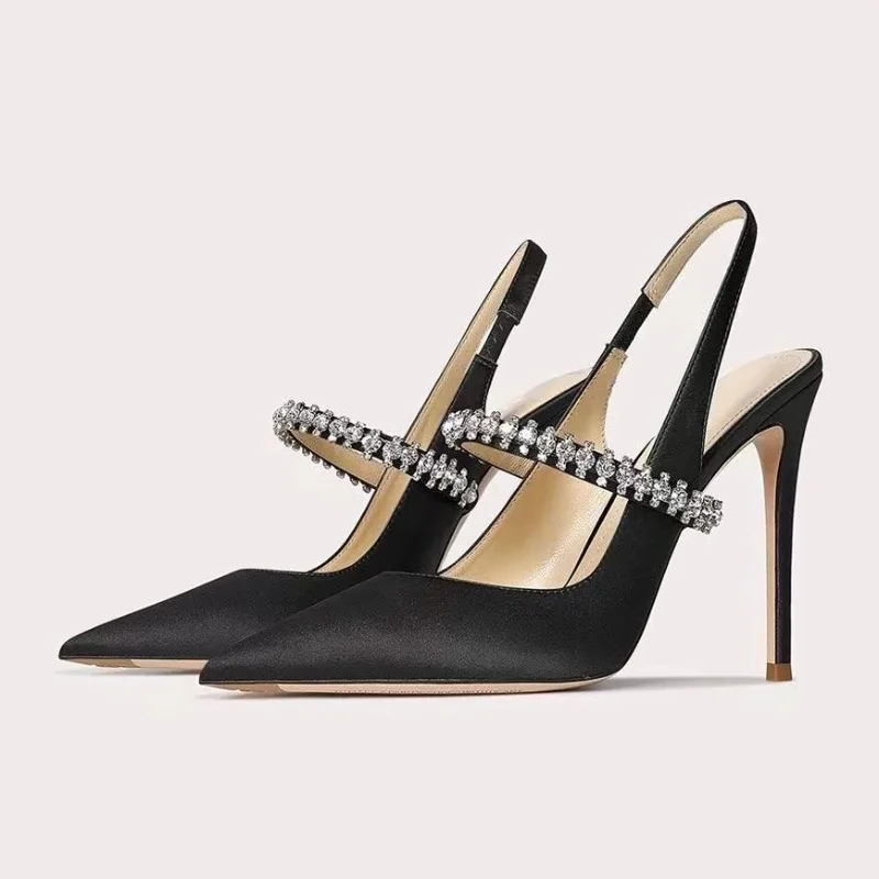 Satin Slingback Heels with Pointed Toe and Crystal Strap for Women