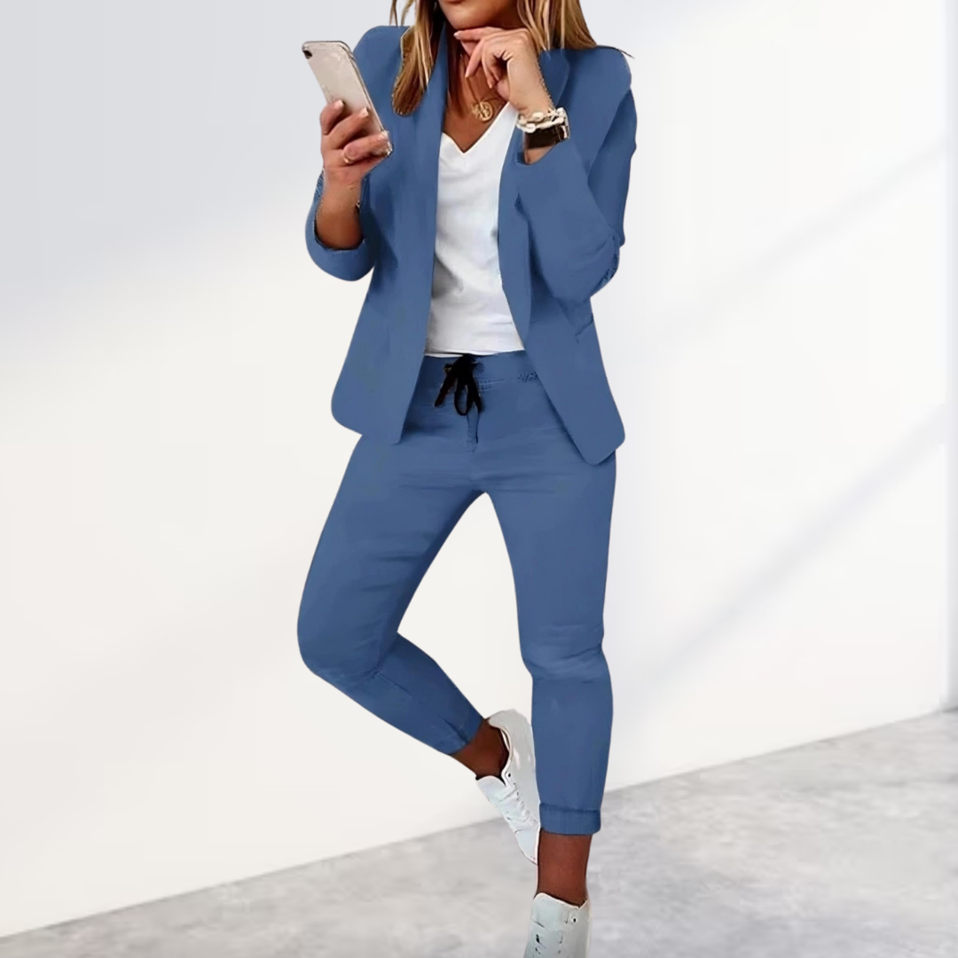 Oversized Blazer and Jogging Trousers Set for Women - Niebieski