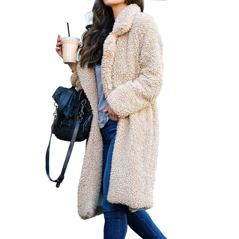 Long Open Front Collared Teddy Coat for Women