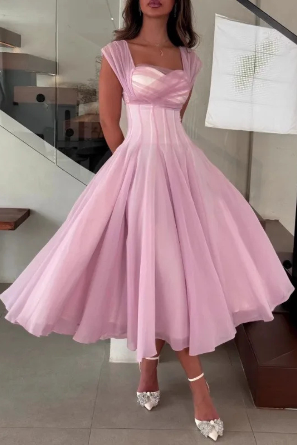 Sweetheart Neck Tulle A-Line Wedding Guest Midi Dress for Women