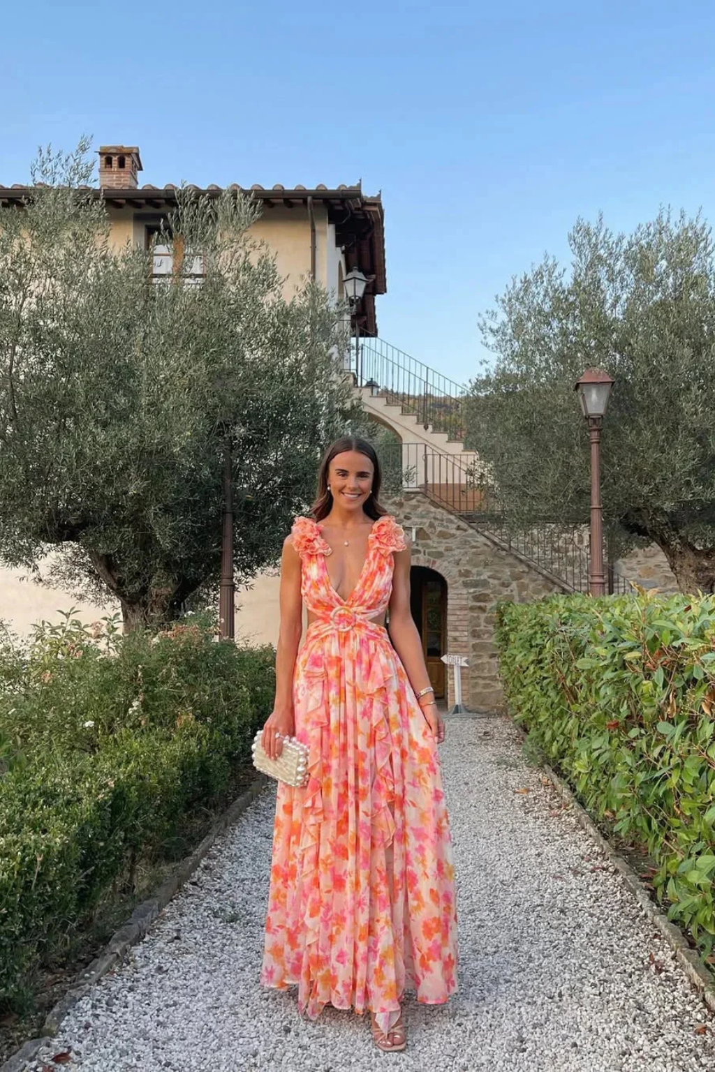 V-Neck Floral Ruffle Wedding Guest Maxi Dress for Women