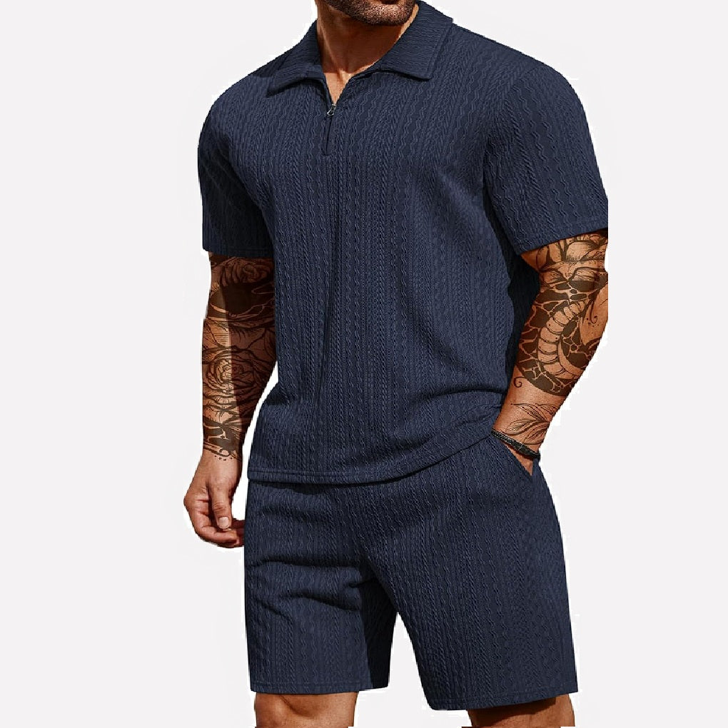 Ribbed Knit Polo Shirt and Shorts Set for Men