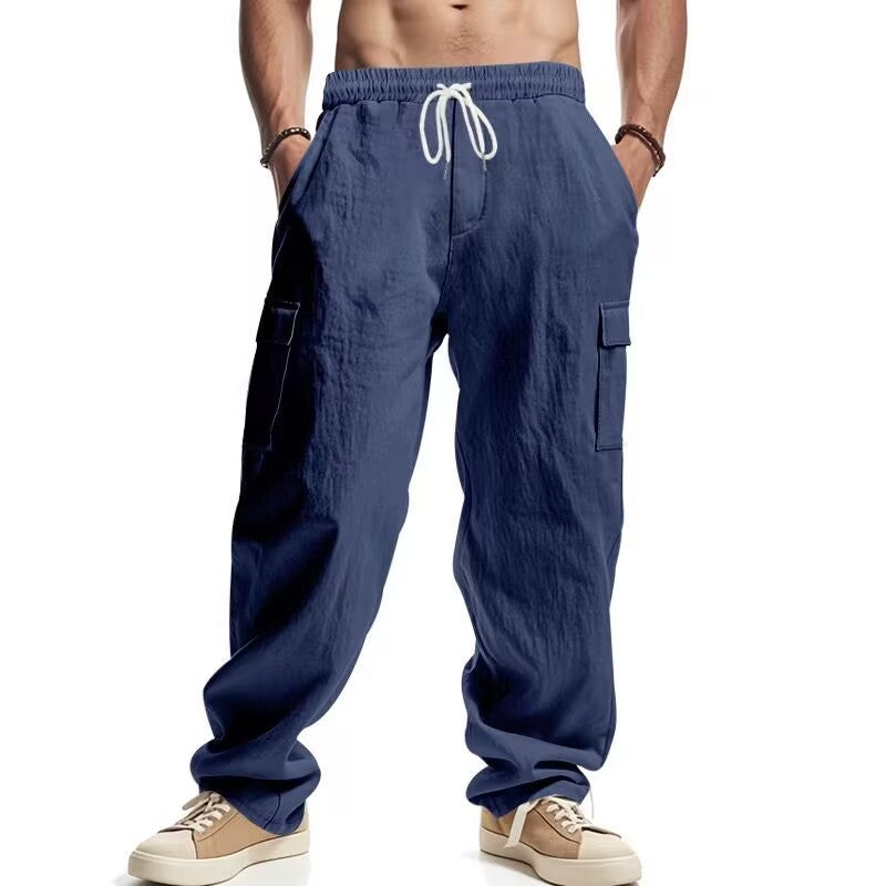 Linen Cargo Straight Leg Trousers for Men
