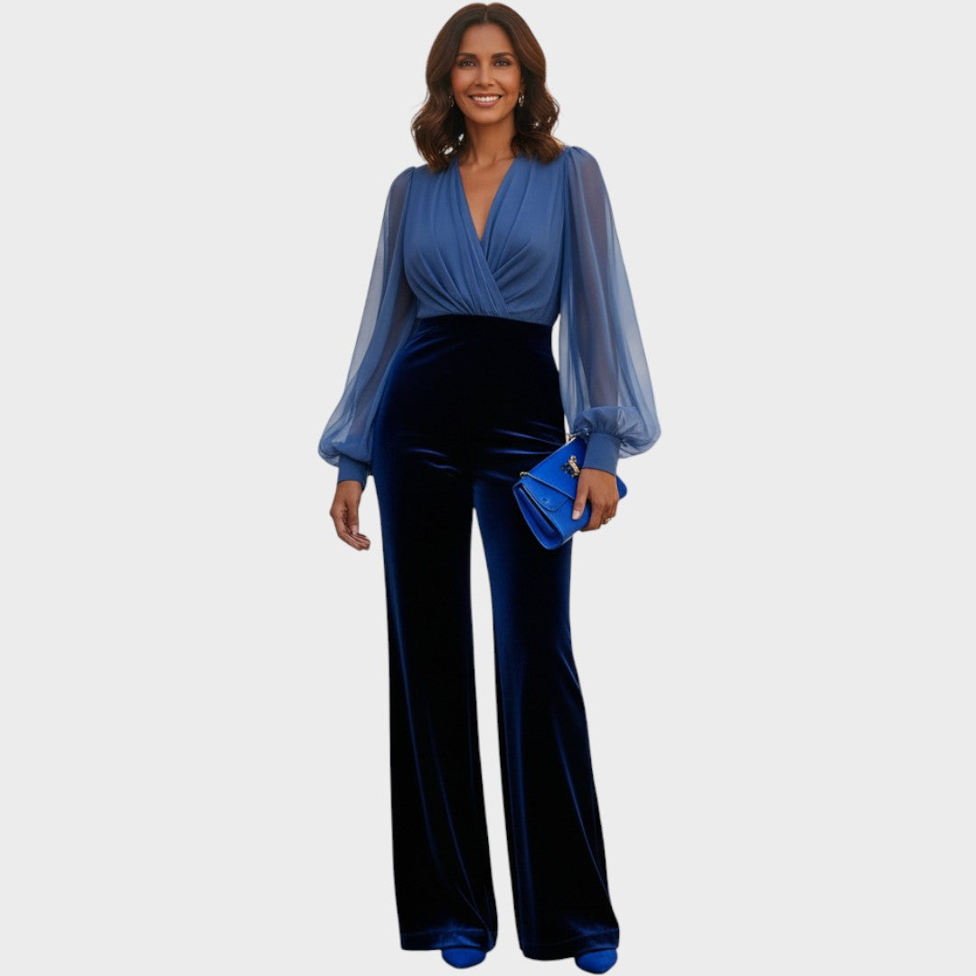 Velvet Wide Leg Party Jumpsuit with V-Neck for Women