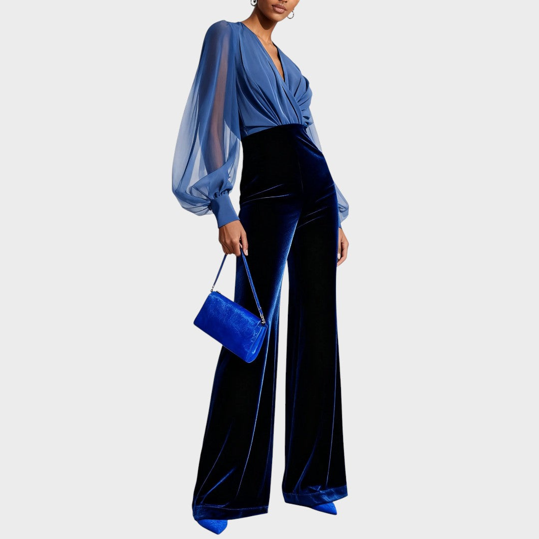 Velvet Wide Leg Party Jumpsuit with V-Neck for Women