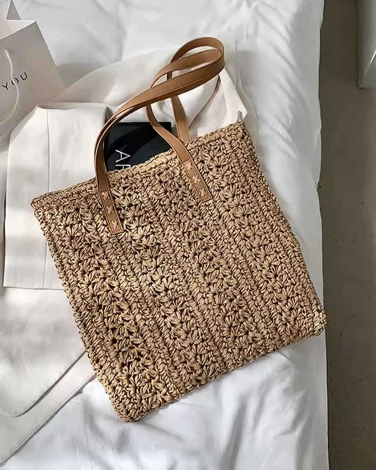 Rattan Shoulder Bag with Faux Leather Straps for Women
