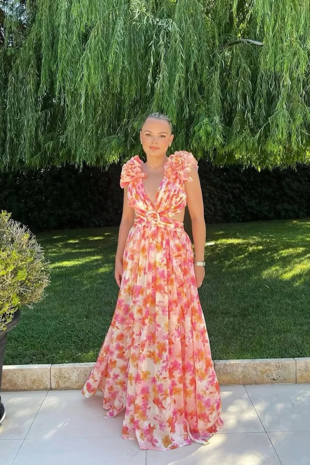 V-Neck Floral Ruffle Wedding Guest Maxi Dress for Women