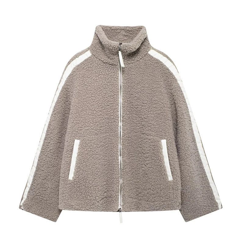 Teddy Zip Up Jacket with Stripe Detail for Women