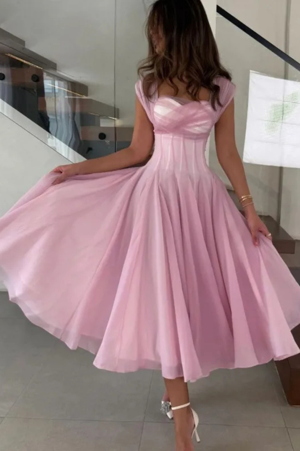 Sweetheart Neck Tulle A-Line Wedding Guest Midi Dress for Women