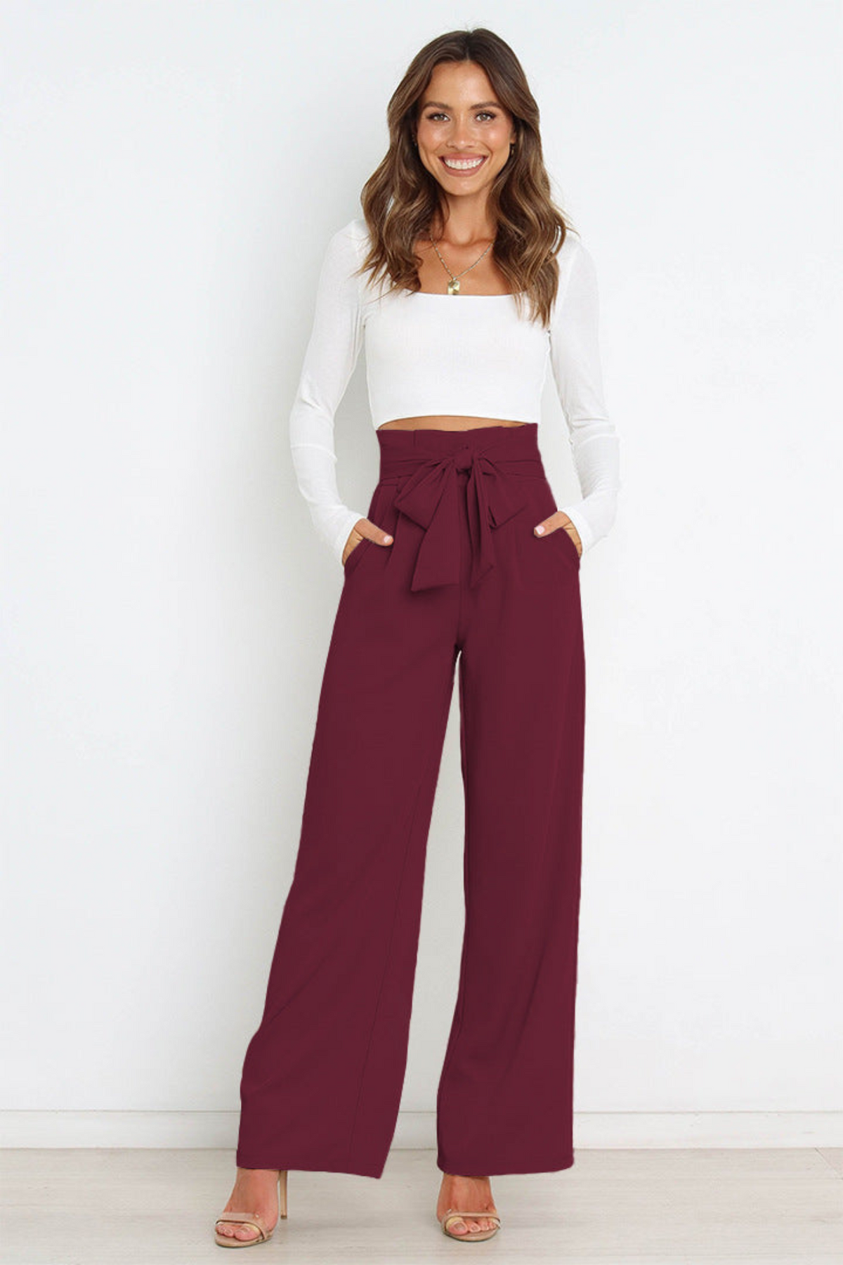 Wide Leg Belted Linen Trousers for Women