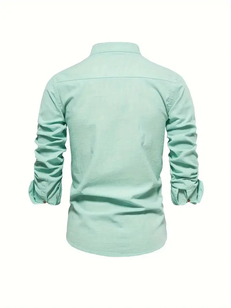 Long Sleeve Linen Shirt with Stand Collar for Men