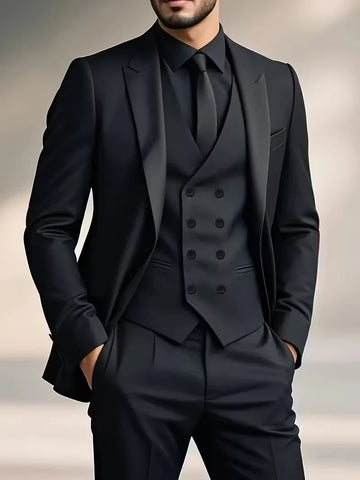 Slim Fit Double-Breasted Three-Piece Suit Set for Men