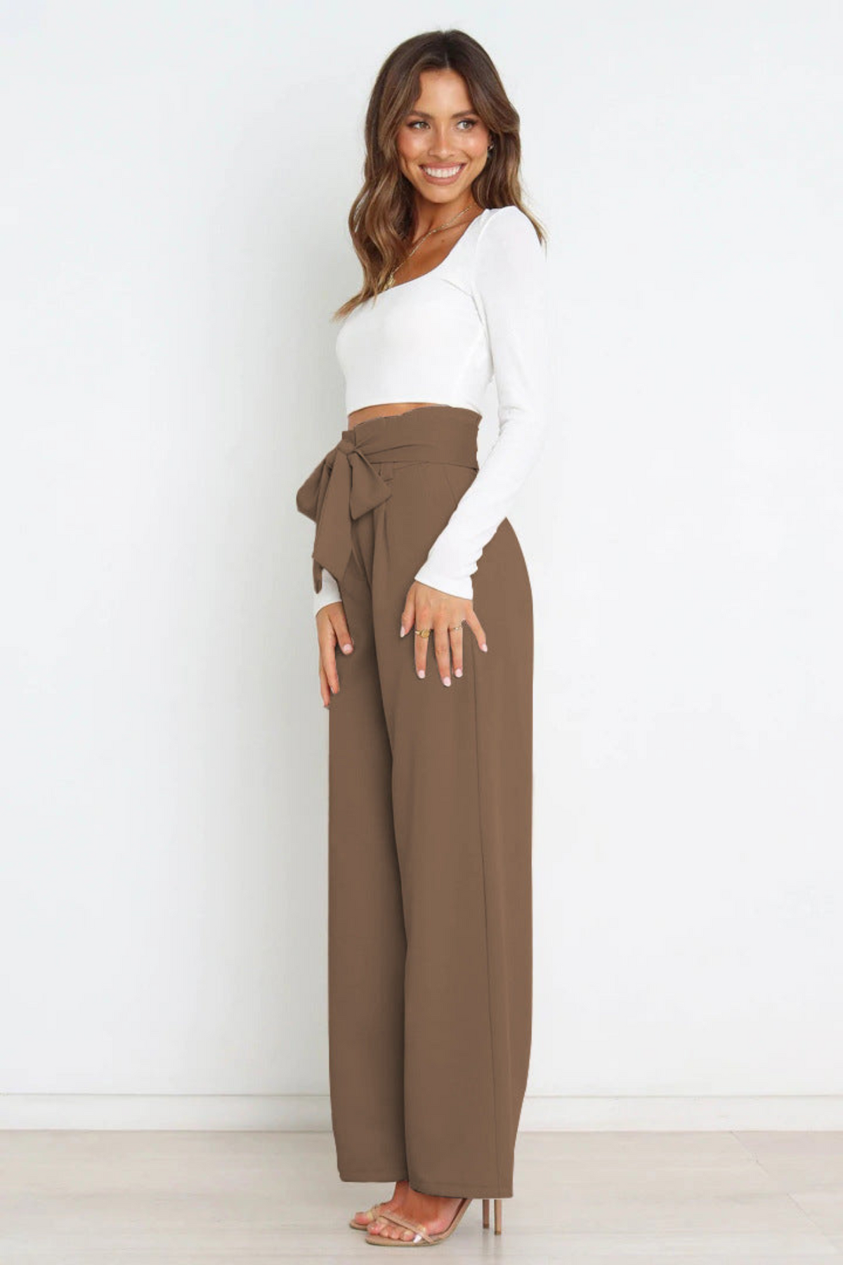 Wide Leg Belted Linen Trousers for Women