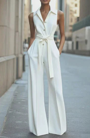 Wide Leg Sleeveless Jumpsuit for Women - Biały
