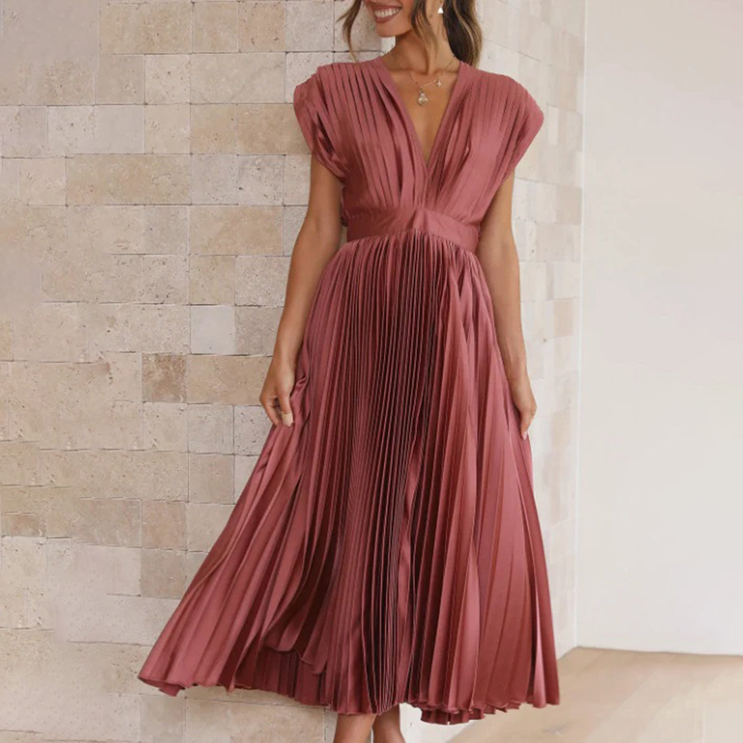 Pleated V-Neck Maxi Dress Wedding Guest for Women