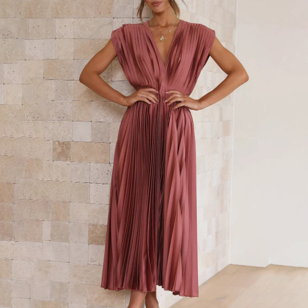 Pleated V-Neck Maxi Dress Wedding Guest for Women