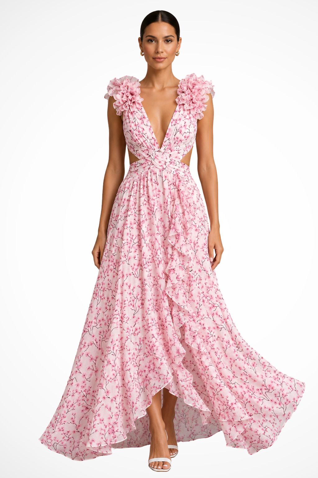 V-Neck Floral Ruffle Wedding Guest Maxi Dress for Women