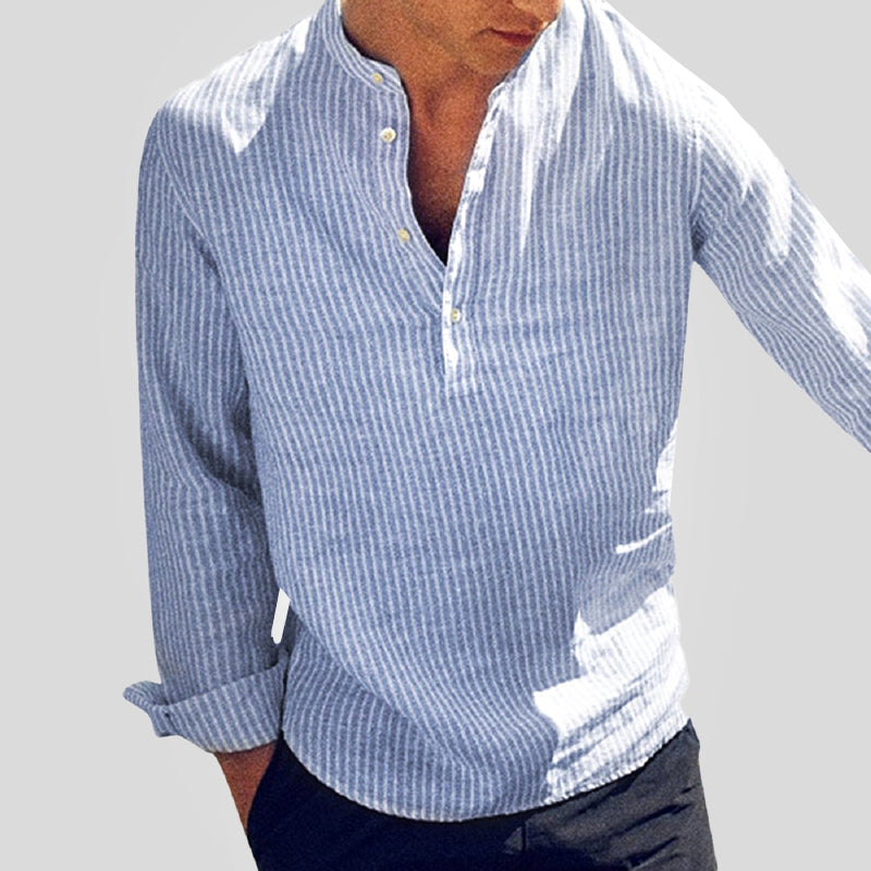 Cotton-Linen Striped Henley Shirt for Men