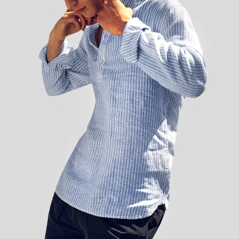 Cotton-Linen Striped Henley Shirt for Men