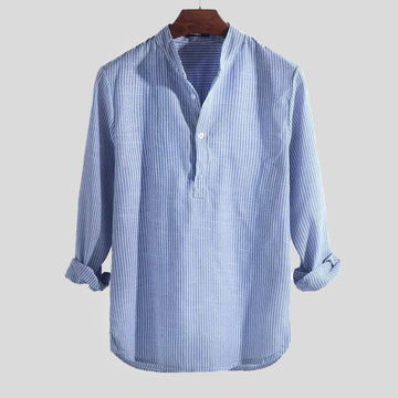 Cotton-Linen Striped Henley Shirt for Men