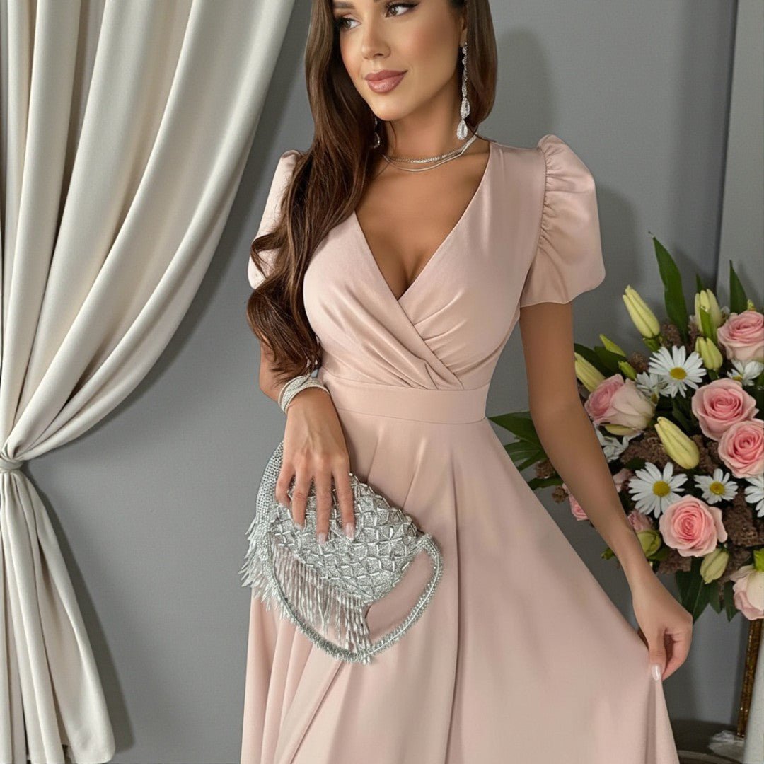 V-Neck Puff Sleeve Midi Dress for Women