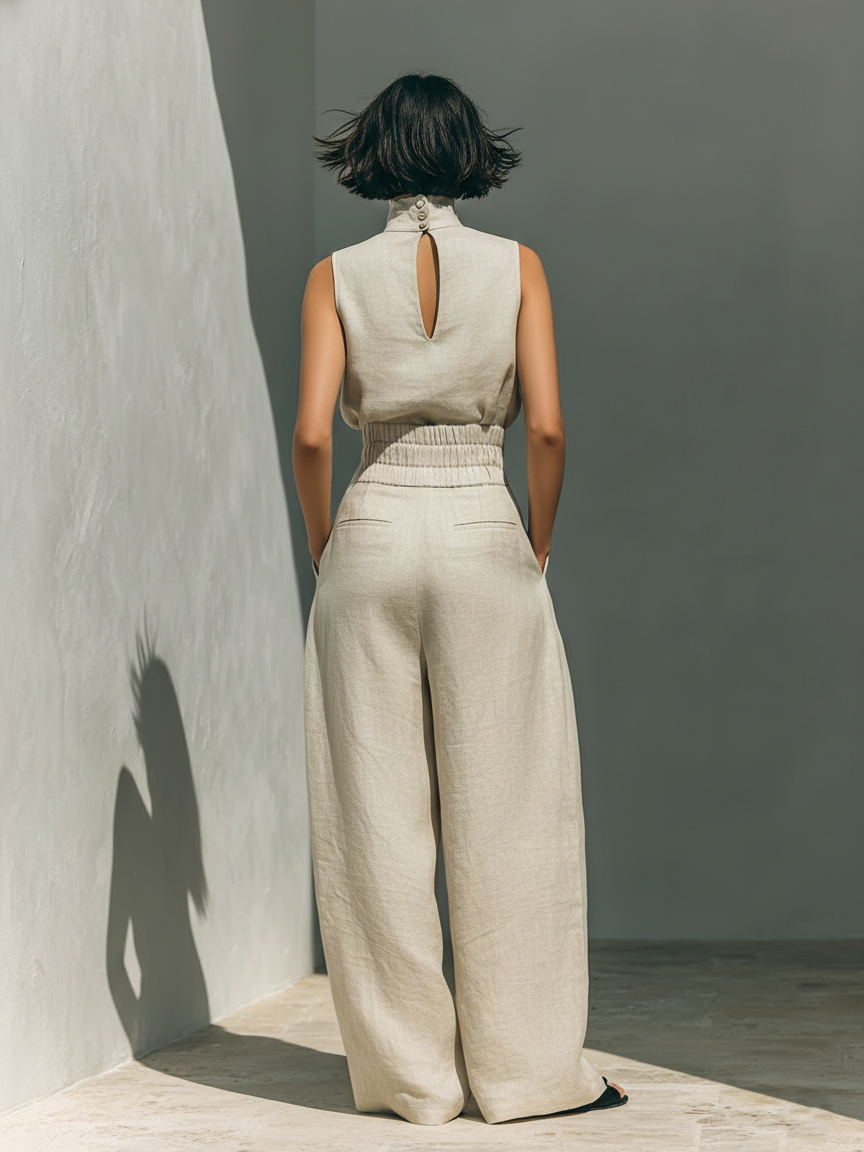 Sleeveless Roll Neck Wide Leg Linen Set for Women