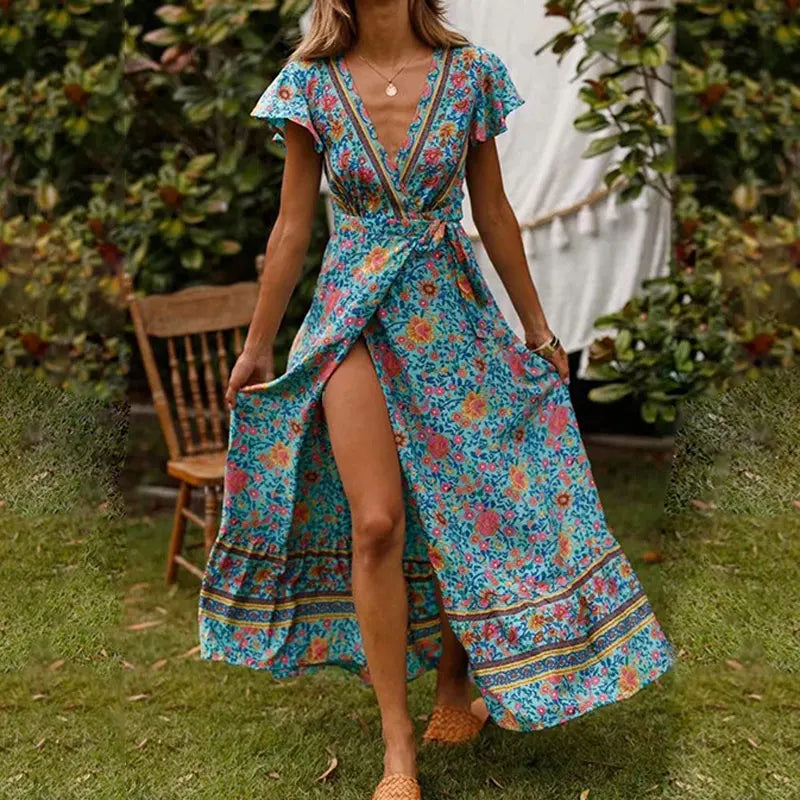 V-Neck Wrap Wedding Guest Maxi Dress for Women