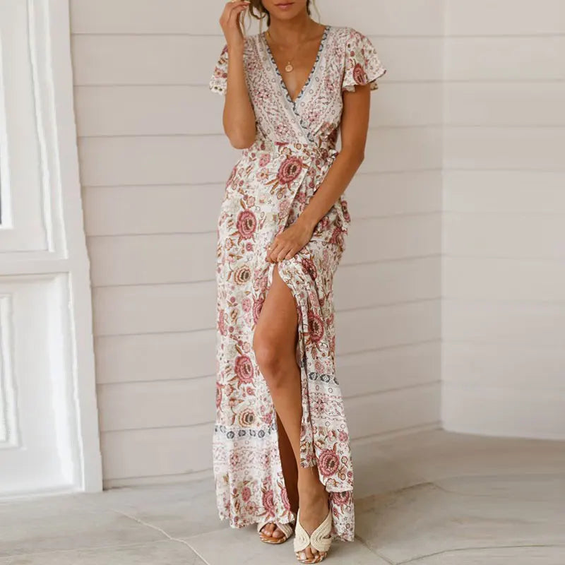V-Neck Wrap Wedding Guest Maxi Dress for Women