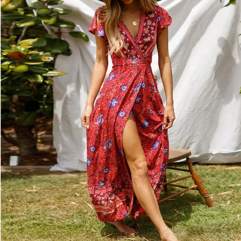 V-Neck Wrap Wedding Guest Maxi Dress for Women