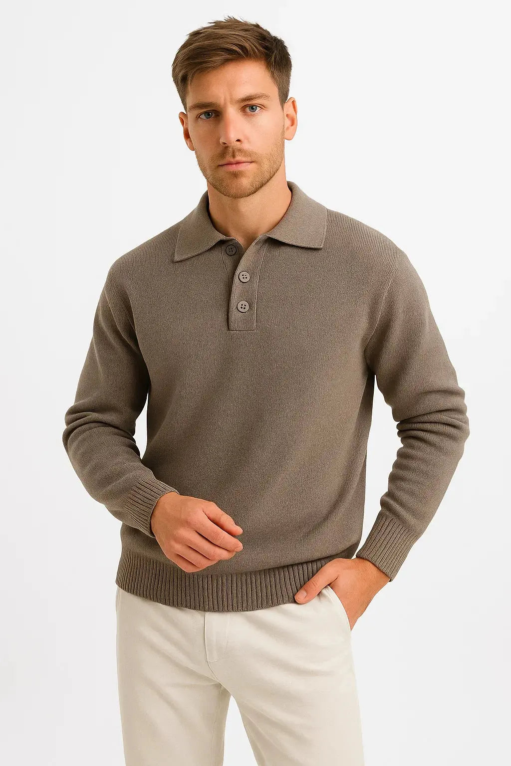 Ribbed Knit Polo Sweater with Structured Collar for Men