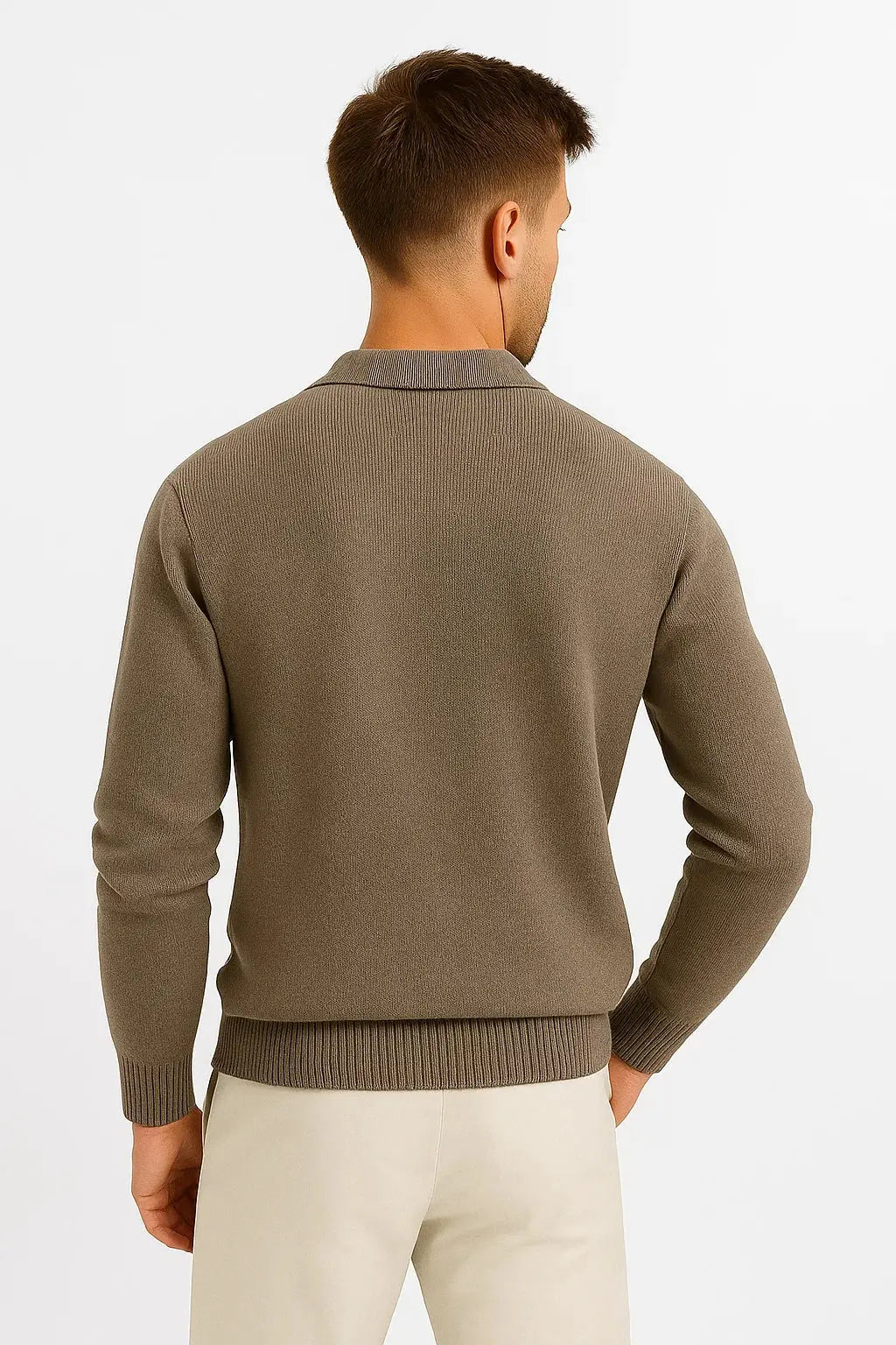 Ribbed Knit Polo Sweater with Structured Collar for Men