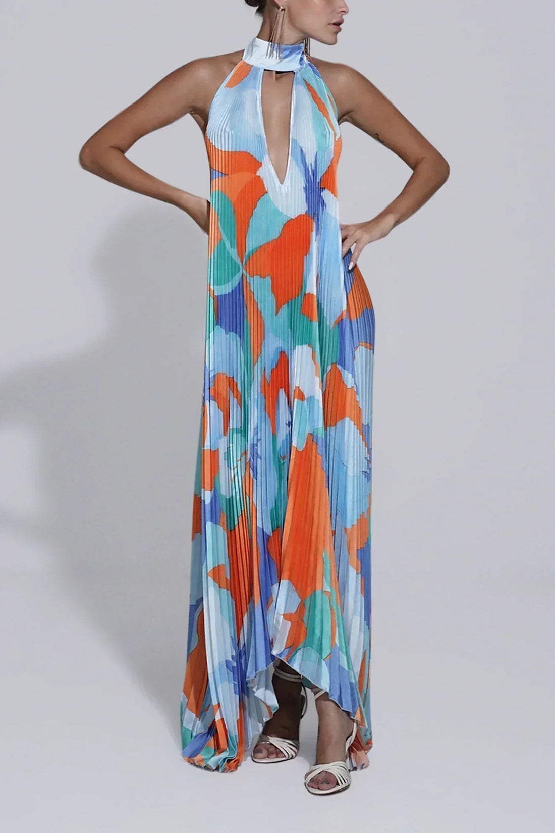 Pleated Halter Wedding Guest Maxi Dress for Women