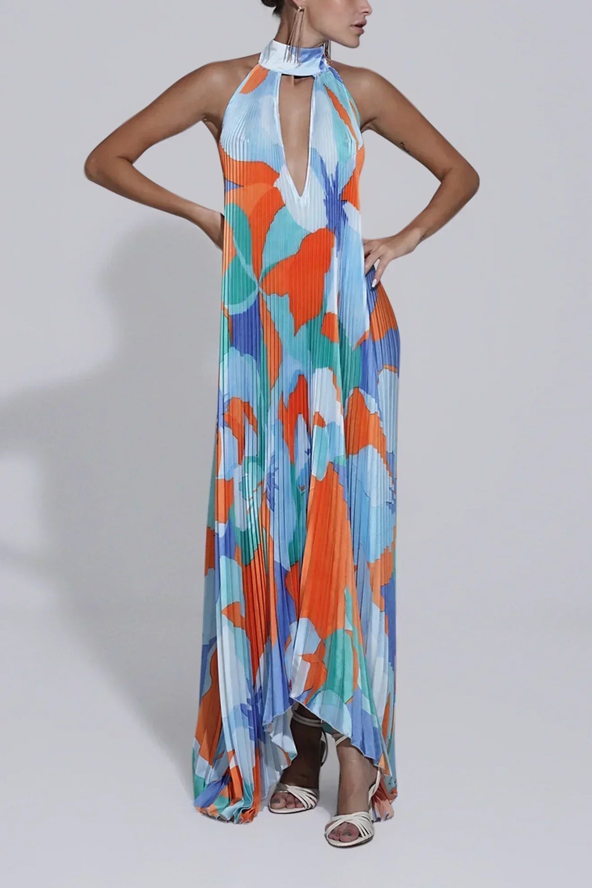 Pleated Halter Wedding Guest Maxi Dress for Women