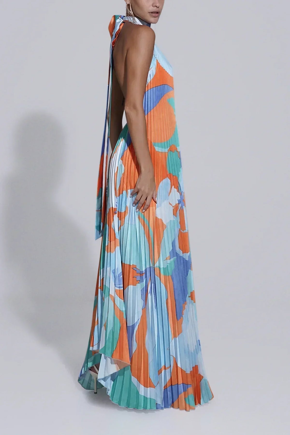 Pleated Halter Wedding Guest Maxi Dress for Women