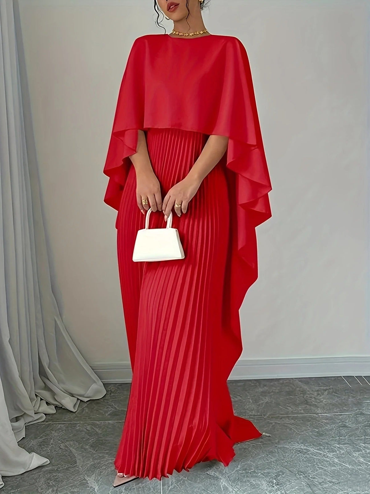 Pleated Wedding Guest Cape Maxi Dress for Women