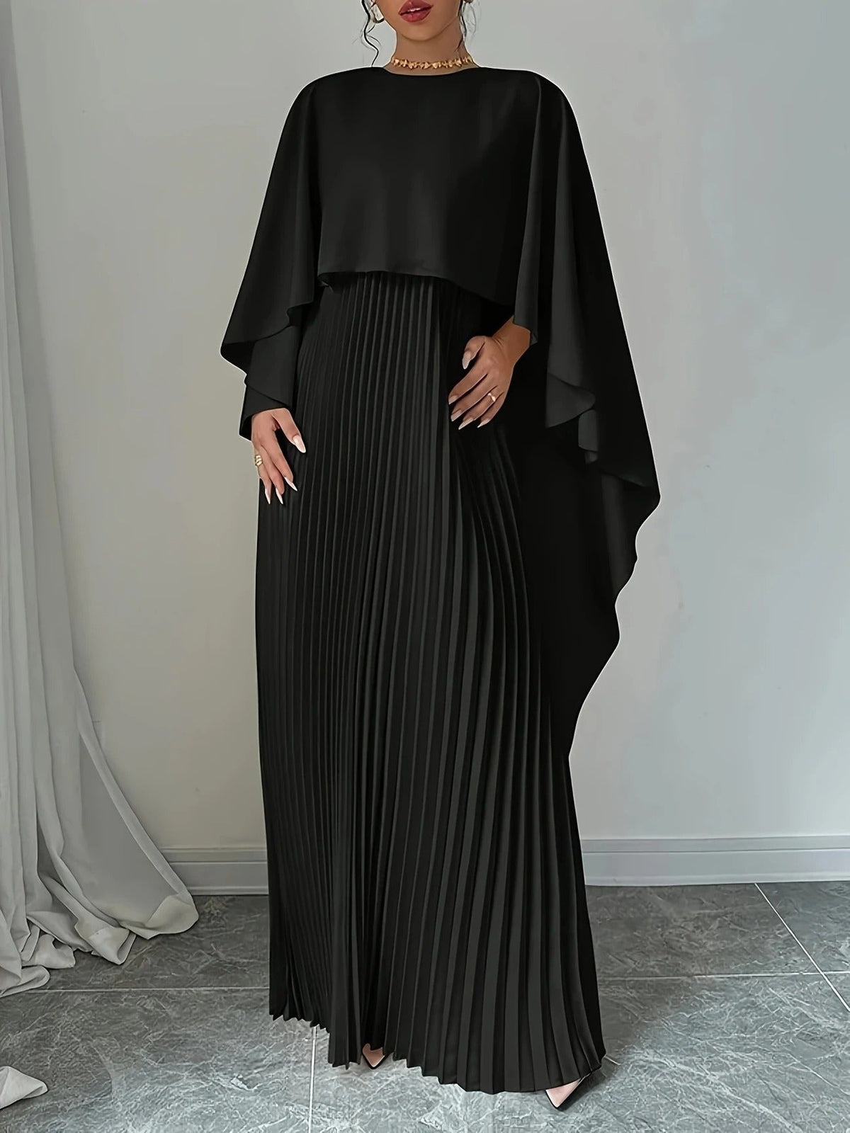 Pleated Wedding Guest Cape Maxi Dress for Women