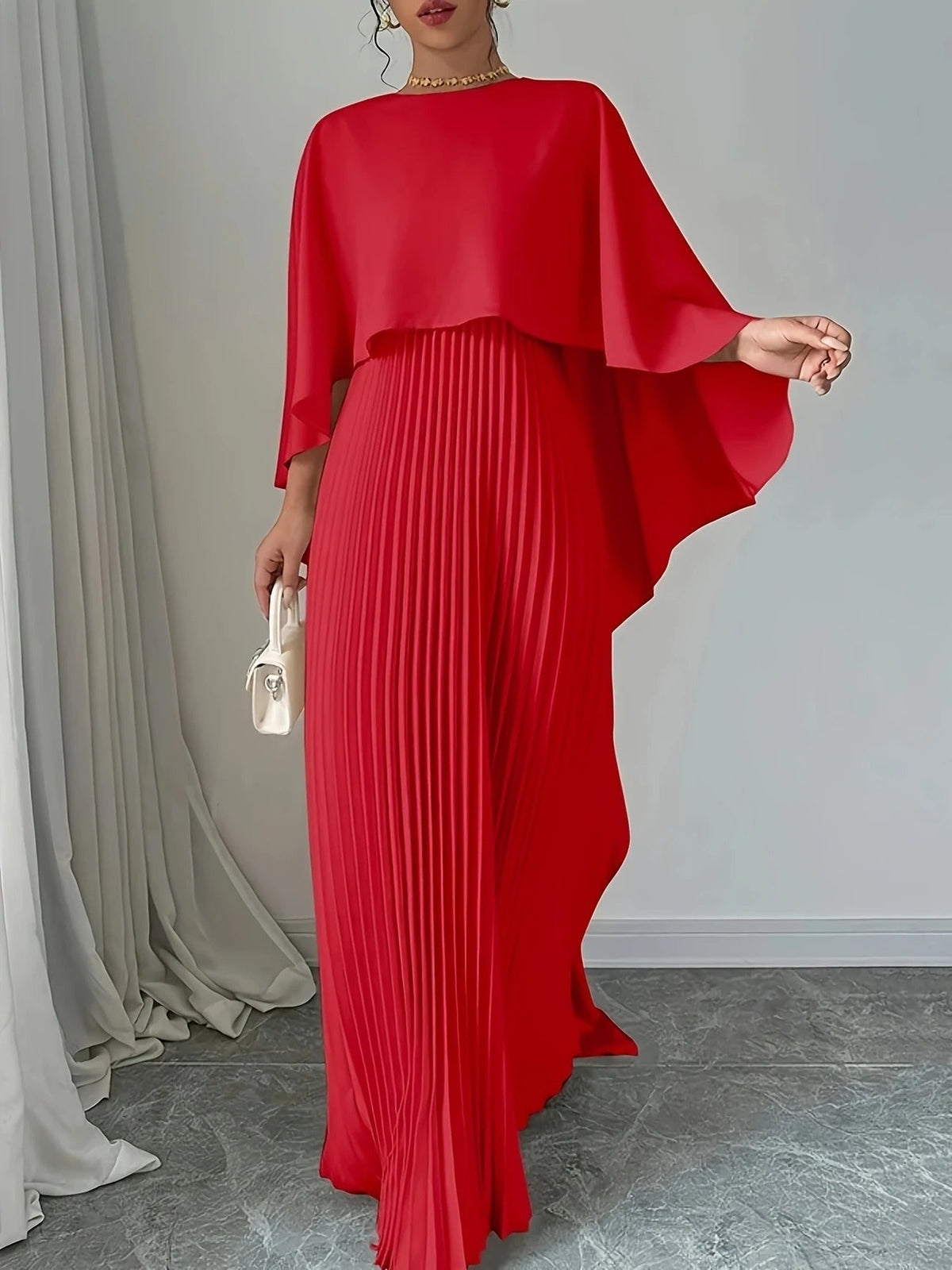 Pleated Wedding Guest Cape Maxi Dress for Women
