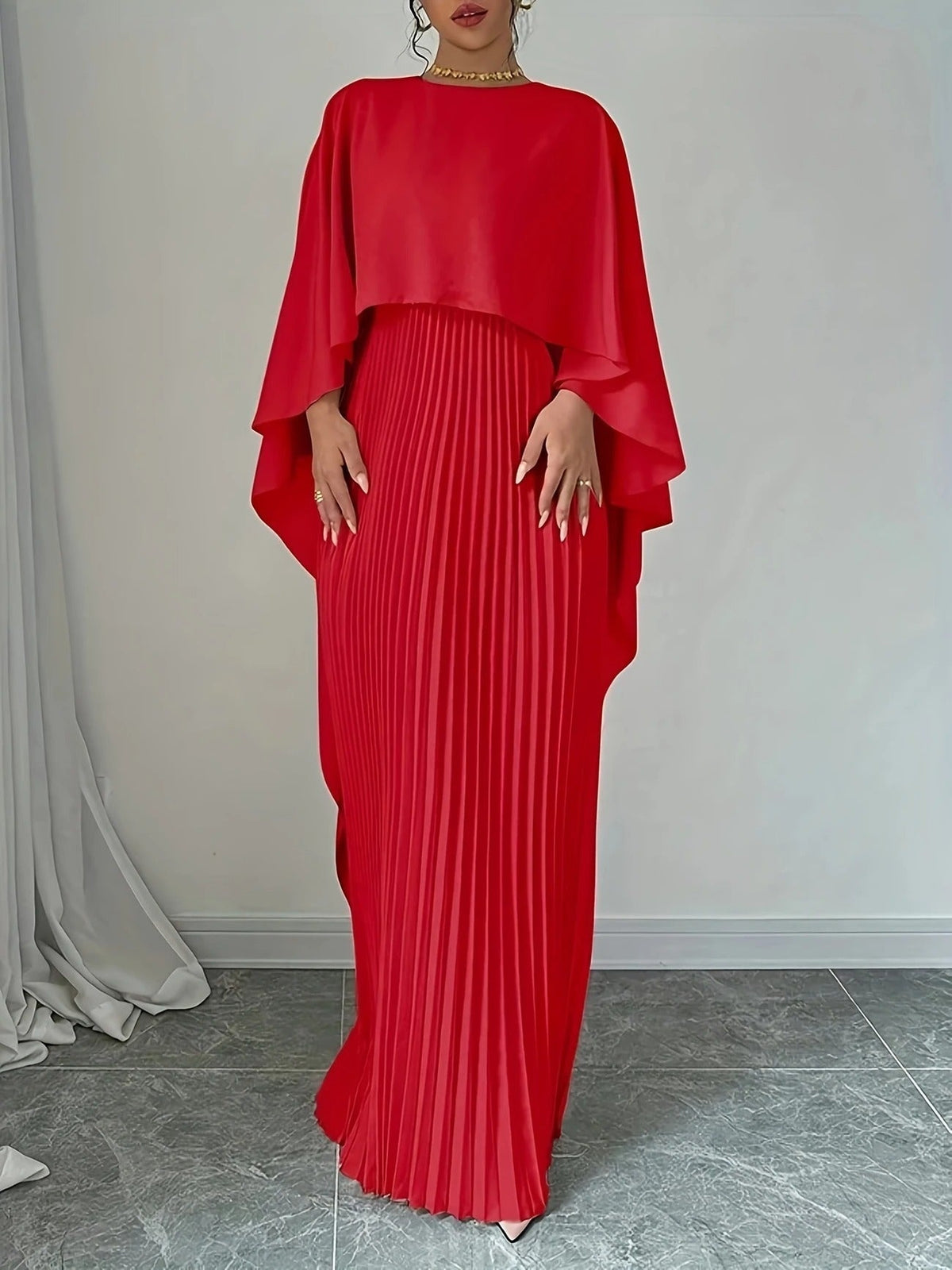 Pleated Wedding Guest Cape Maxi Dress for Women