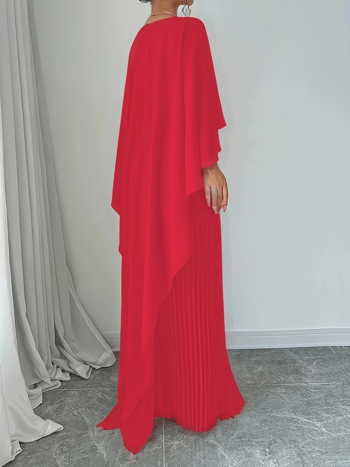 Pleated Wedding Guest Cape Maxi Dress for Women