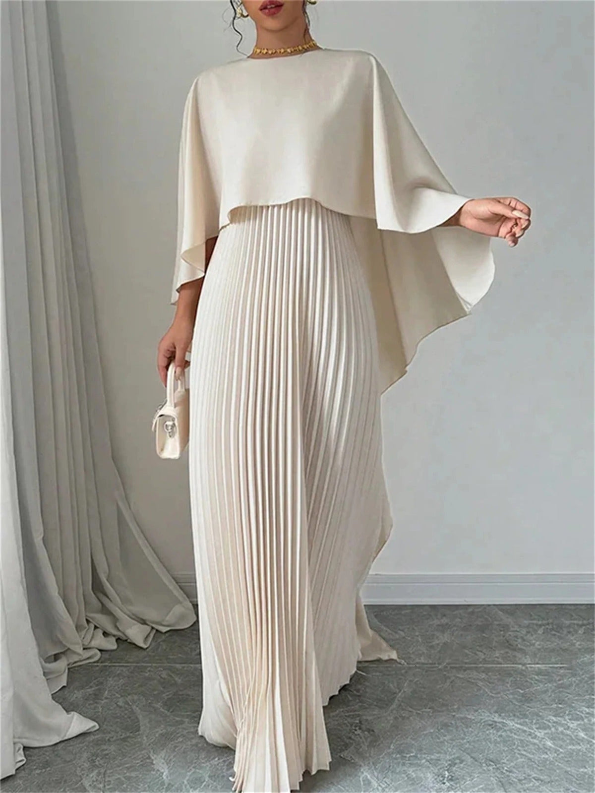 Pleated Wedding Guest Cape Maxi Dress for Women