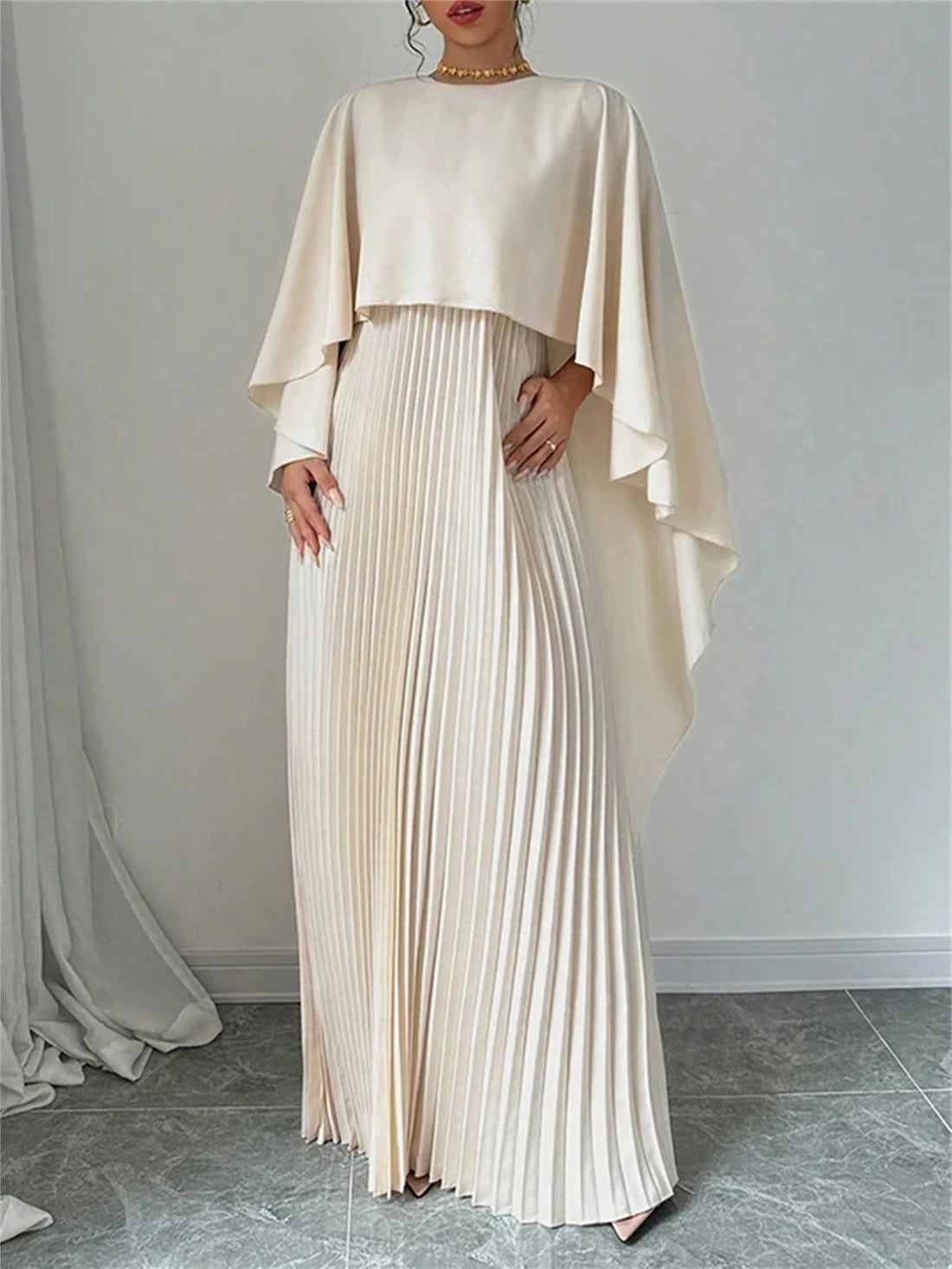 Pleated Wedding Guest Cape Maxi Dress for Women