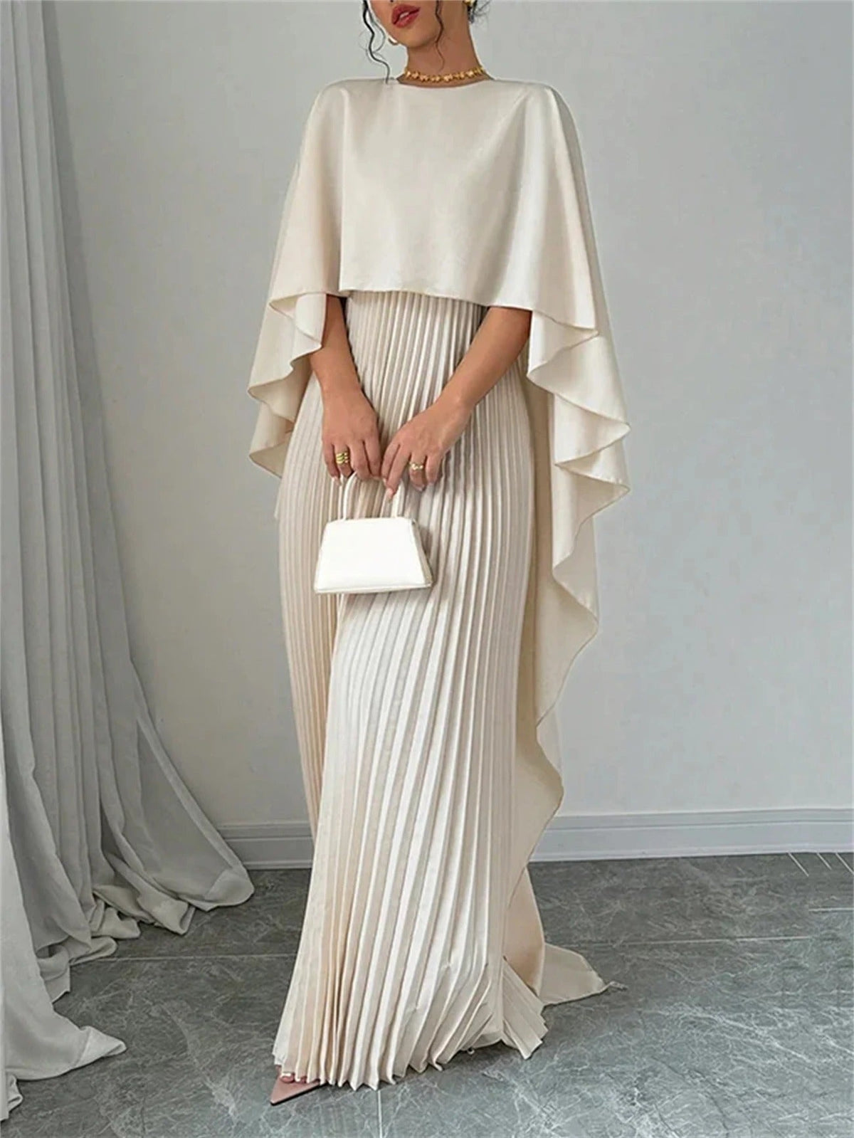 Pleated Wedding Guest Cape Maxi Dress for Women