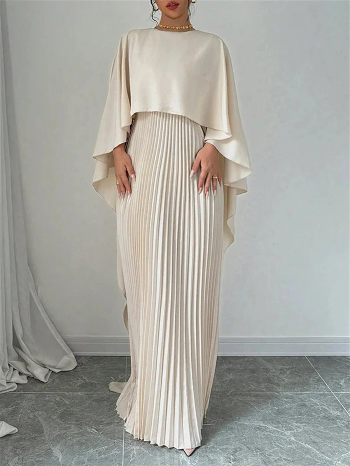Pleated Wedding Guest Cape Maxi Dress for Women