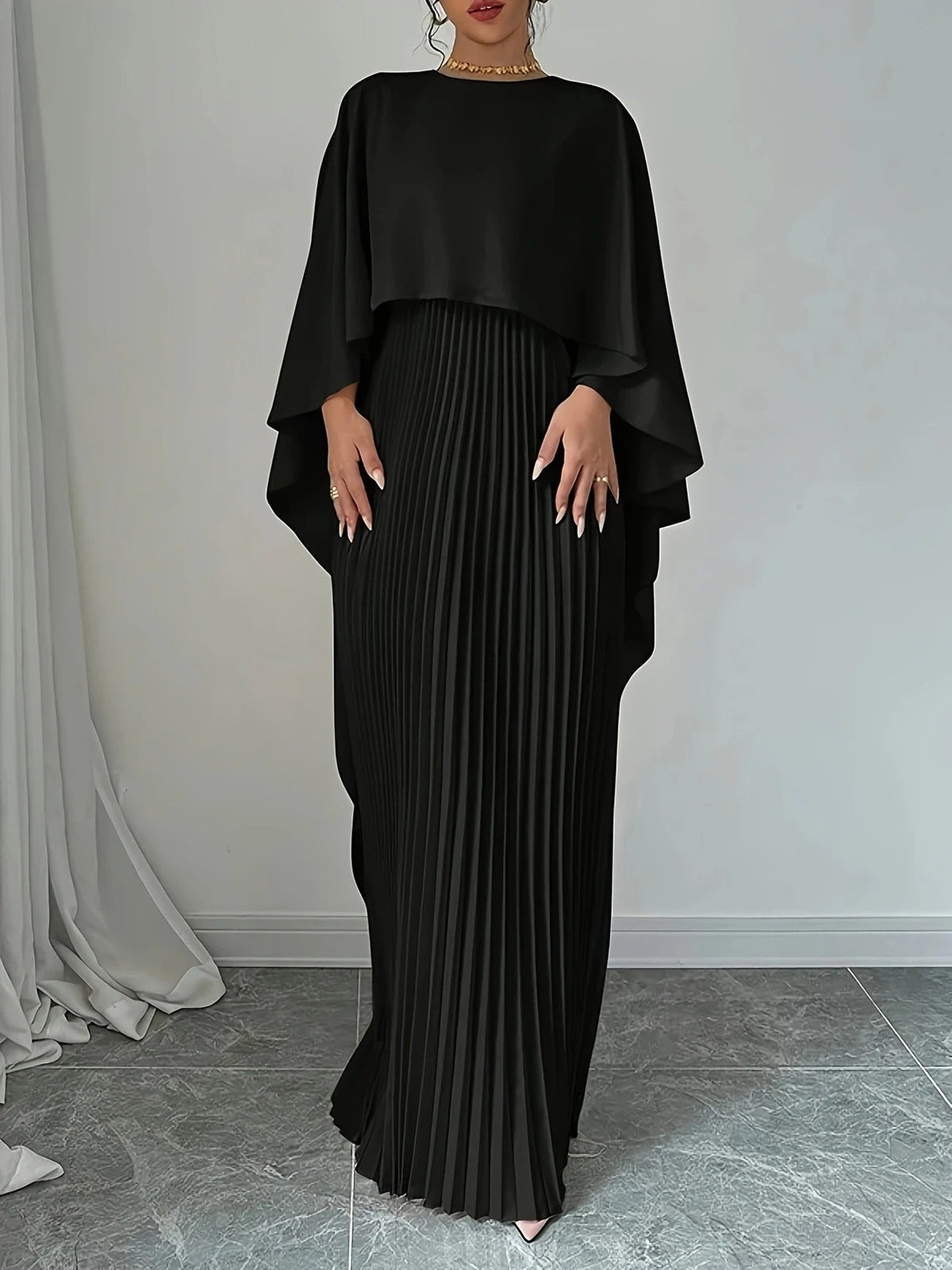 Pleated Wedding Guest Cape Maxi Dress for Women